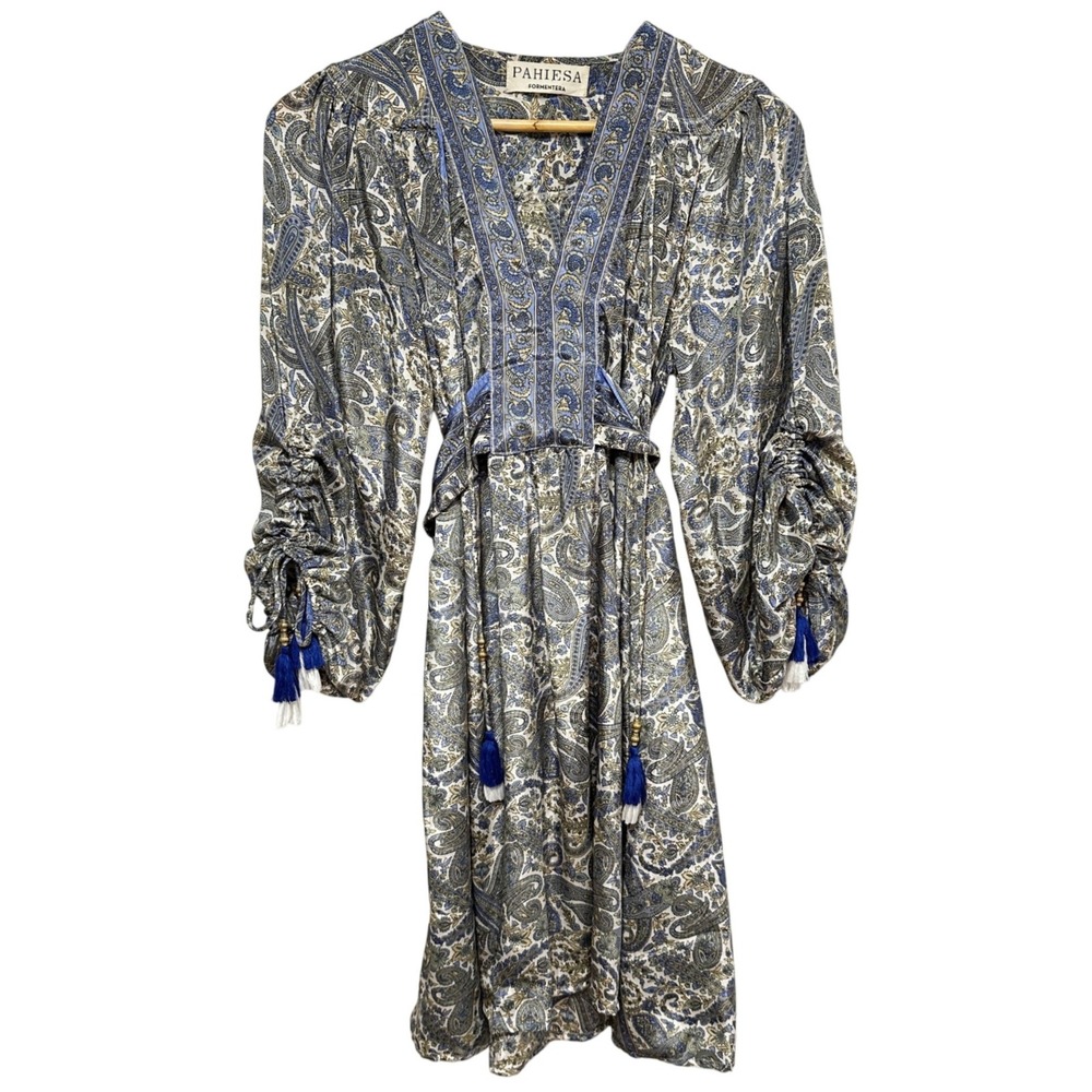 Pahiesa Formentera 100% Silk Paisley Ruched Tassel Mini Dress Women 6 Resortwear